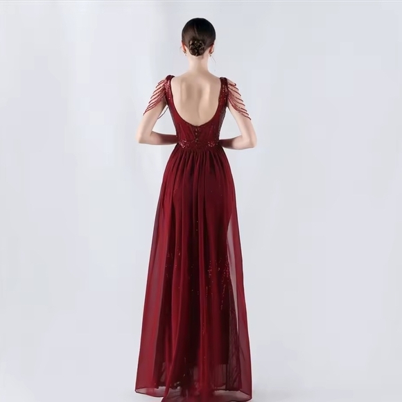 Red Sequin Backless V-Neck Gown - Picture 9 of 10